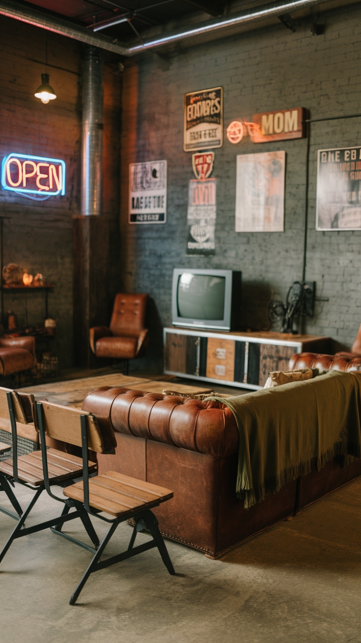 Craving a haven that's as cool as it is comfortable? This vintage-industrial man cave is the ultimate retreat. Think worn leather, reclaimed wood, and a touch of military-inspired style. The space is punctuated by vintage posters and a vibrant neon sign, adding a playful touch to the otherwise rugged aesthetic. Concrete floors and industrial chairs complete the look, creating a space that's both stylish and undeniably masculine.