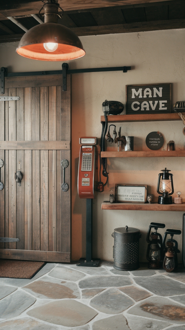 Raw industrial meets rustic charm in this captivating man cave retreat. The imposing wooden door, complete with robust hardware, anchors the space, while a vibrant red vintage payphone adds a playful pop of color. A reclaimed wood shelf, adorned with a lantern and "Man Cave" sign, completes the look, creating a haven of masculine sophistication.