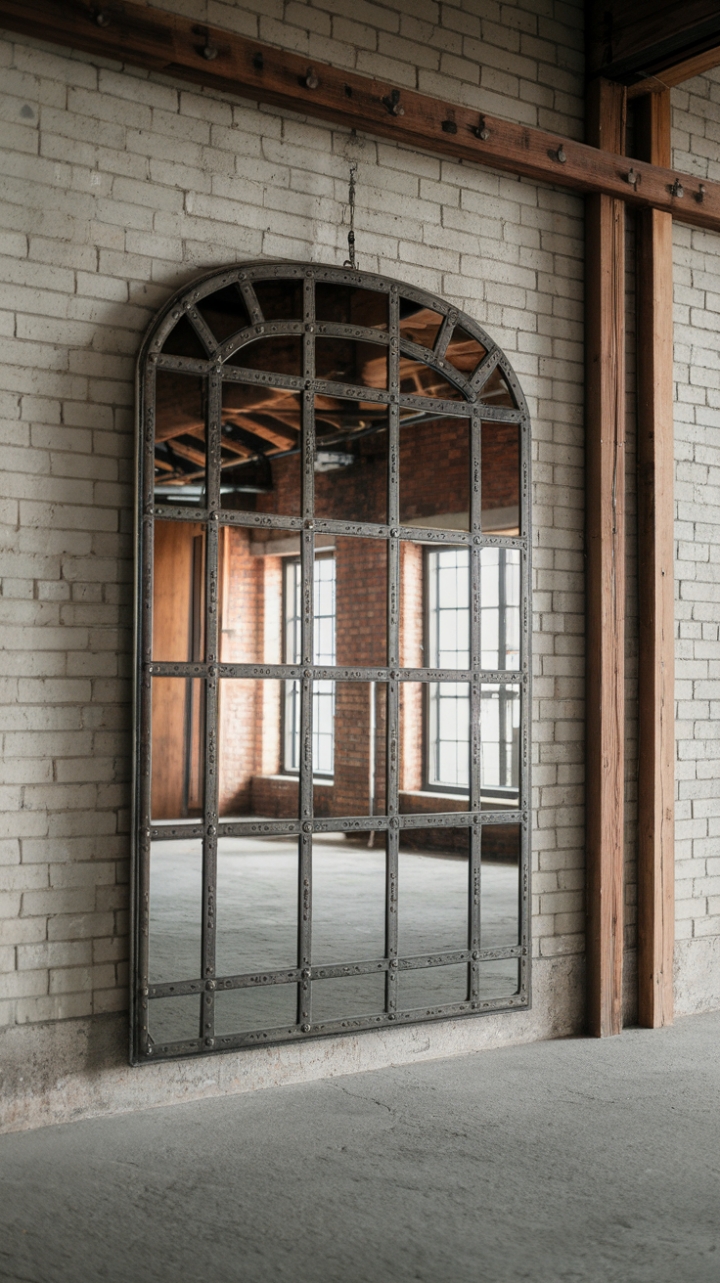 Reclaimed history reflects in this vintage industrial mirror, its distressed metal frame a perfect counterpoint to the raw beauty of exposed brick and aged wood. A minimalist masterpiece in a loft-style haven.