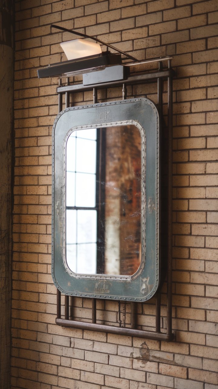 Unearth the raw beauty of industrial chic with this vintage mirror, its distressed finish whispering tales of time spent in a bustling warehouse. The minimalist steel frame complements the exposed brick backdrop, creating a space where modern design meets rugged charm. A single, strategically placed light fixture casts a warm glow, highlighting the mirror's captivating texture.