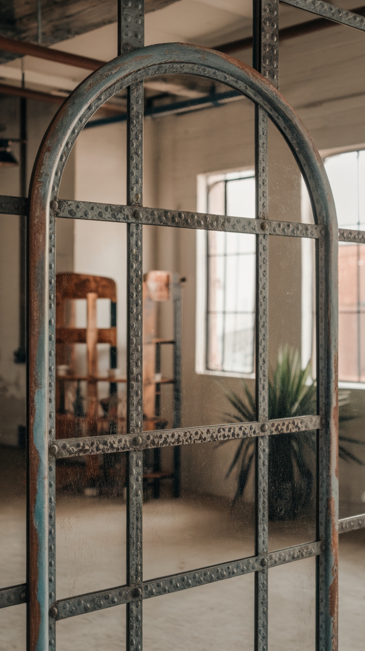 A symphony of textures and tones: worn metal whispers tales of bygone eras against the clean lines of a loft-style space. This distressed industrial mirror anchors the room, its reflective surface capturing the interplay of light and shadow, a captivating focal point in a design that's both bold and understated.