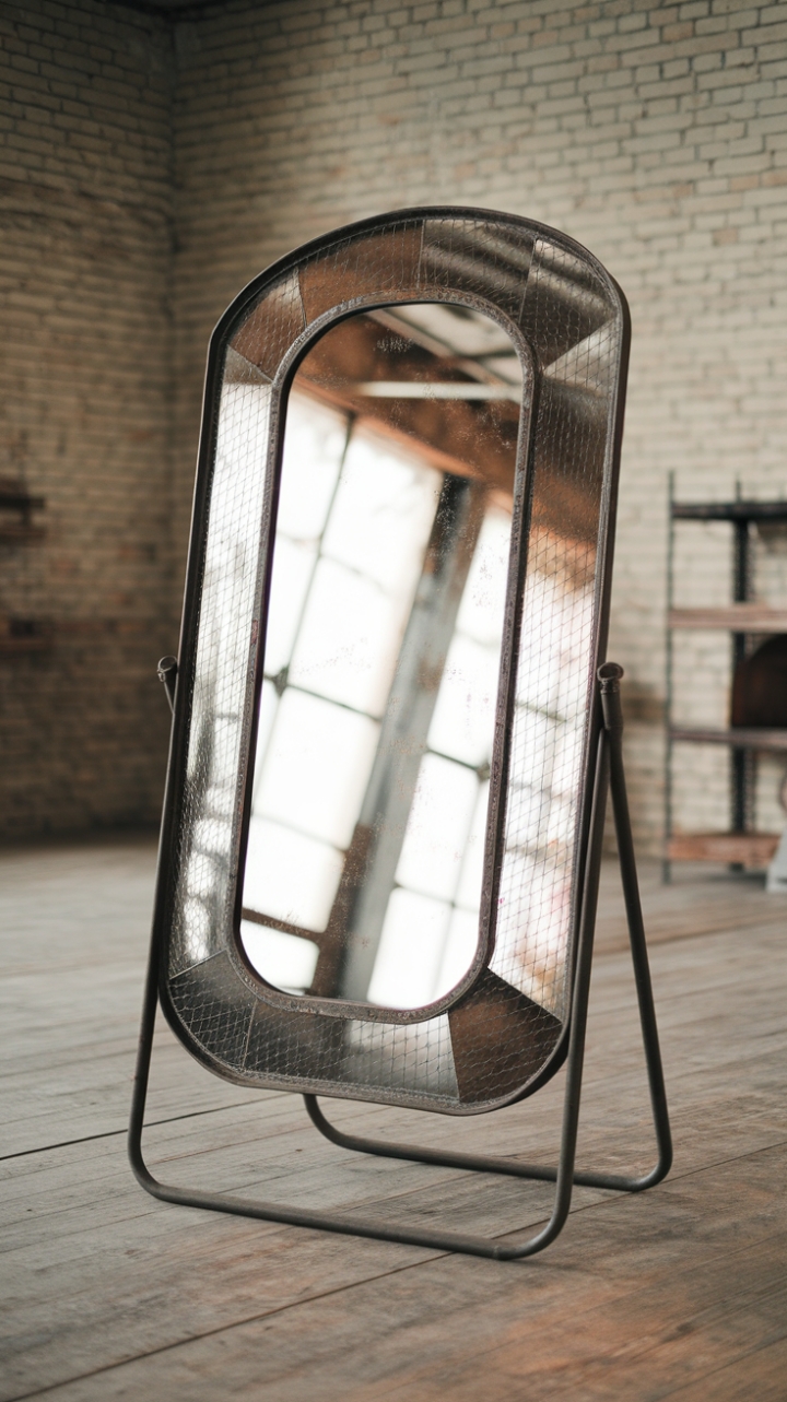 Reclaimed history reflects in this vintage industrial mirror, its distressed frame a perfect counterpoint to the raw brick and aged wood of its warehouse-chic setting. A minimalist masterpiece in a loft-like space.