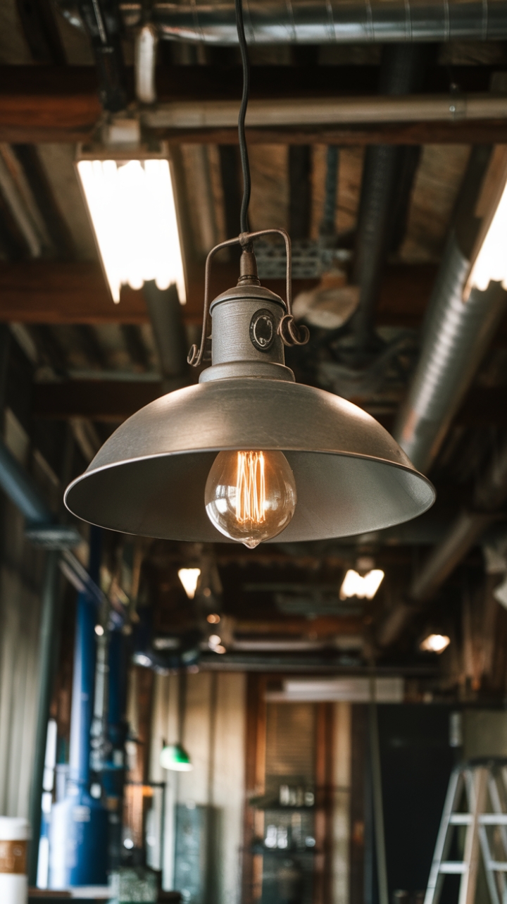 Raw industrial style meets refined design. This vintage pendant light, with its exposed bulb and aged metal finish, is a statement piece that transforms any room into a haven of urban chic. The rustic wooden ceiling and surrounding industrial elements only enhance its captivating allure.