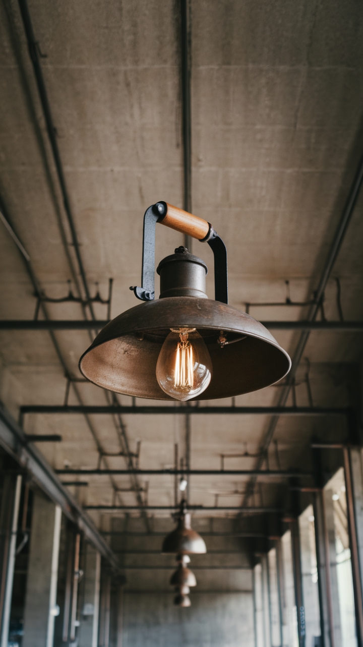 Unleash your inner urbanite with this striking industrial pendant. Its weathered metal and wooden accents add character to any space, while the exposed bulb creates a dramatic focal point against the raw concrete backdrop. A perfect blend of vintage charm and modern edge.
