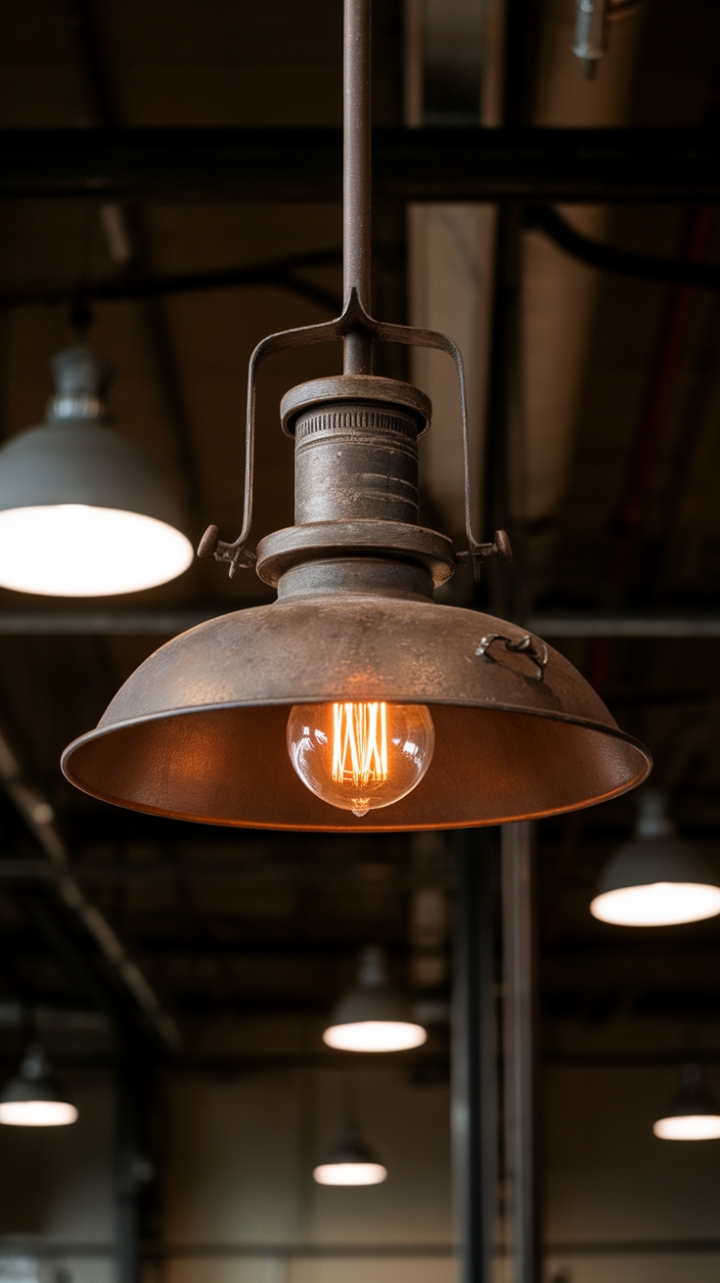 A symphony of steel and light: This exposed-bulb pendant, suspended in a cavernous space, is more than just illumination; it's a statement piece. The rustic metalwork and vintage aesthetic perfectly complement the raw beauty of the industrial setting, creating an atmosphere both dramatic and inviting.