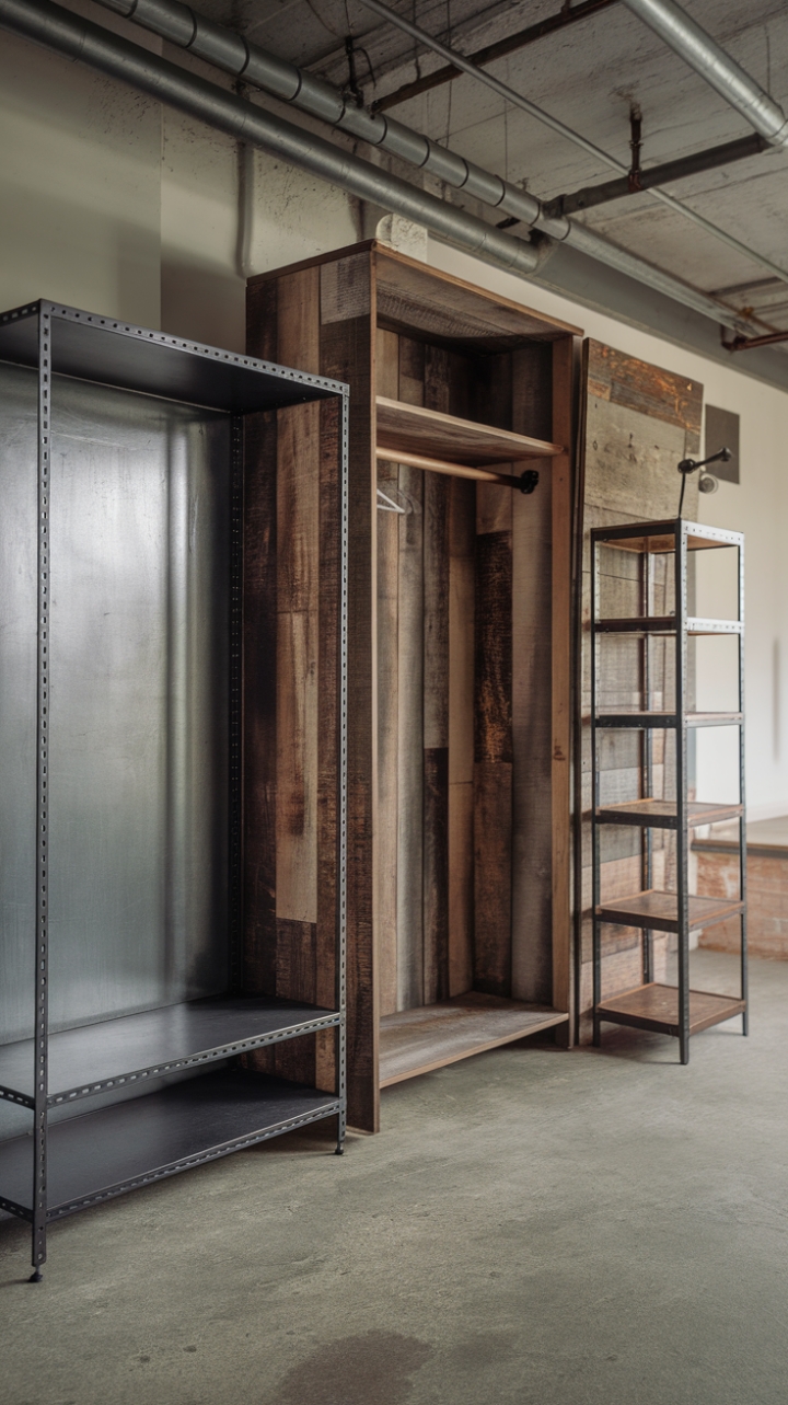 Imagine waking up in this loft! A symphony of textures and styles—sleek steel, warm wood, and the cool neutrality of concrete—harmonize beautifully. This isn't just storage; it's a statement. The vintage wardrobe, rustic closet, and industrial shelving unit create a functional and visually captivating space, perfect for the modern industrialist.