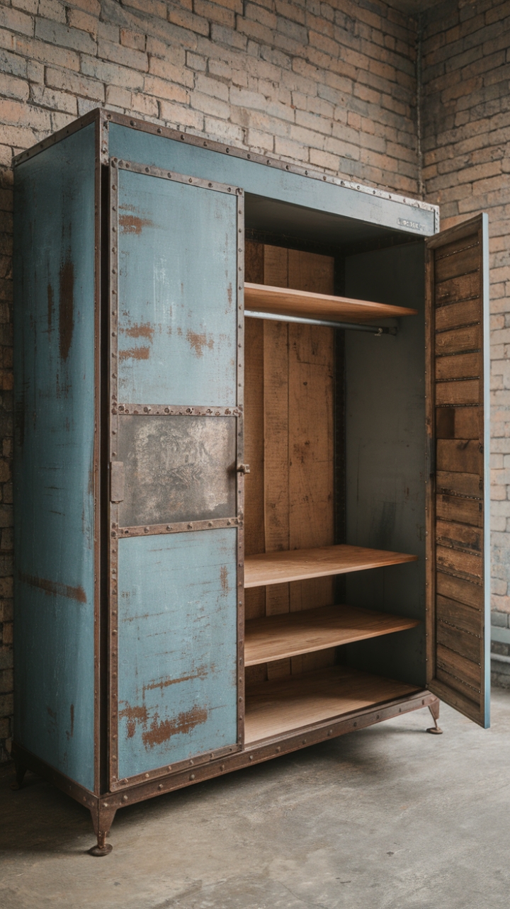 Craving a touch of rugged refinement? This isn't just storage; it's a statement piece. A vintage industrial wardrobe crafted from reclaimed wood and metal, its distressed finish whispers tales of bygone eras. The hollow interior, punctuated by simple wooden shelves, offers ample space, while the aged materials add undeniable character to any space, especially one with concrete floors and exposed brick walls.