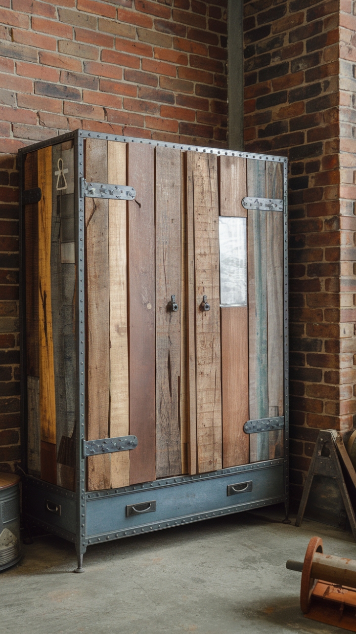 Imagine this: a reclaimed wood and metal wardrobe, a testament to time and craftsmanship, anchoring your loft space. The exposed brick walls and cement floor provide the perfect industrial canvas for this rustic beauty, while the scattered tools whisper tales of creative endeavors. This isn't just storage; it's a statement piece that breathes character and authenticity into your home.