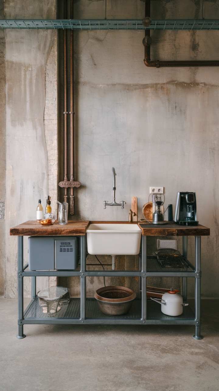 Ready to fall for the raw, romantic charm of industrial chic? A reclaimed wood countertop anchors this steel kitchen island, its vintage sink and gleaming appliances a testament to enduring style. Exposed pipes and a concrete floor complete the look, a perfect blend of rugged and refined.