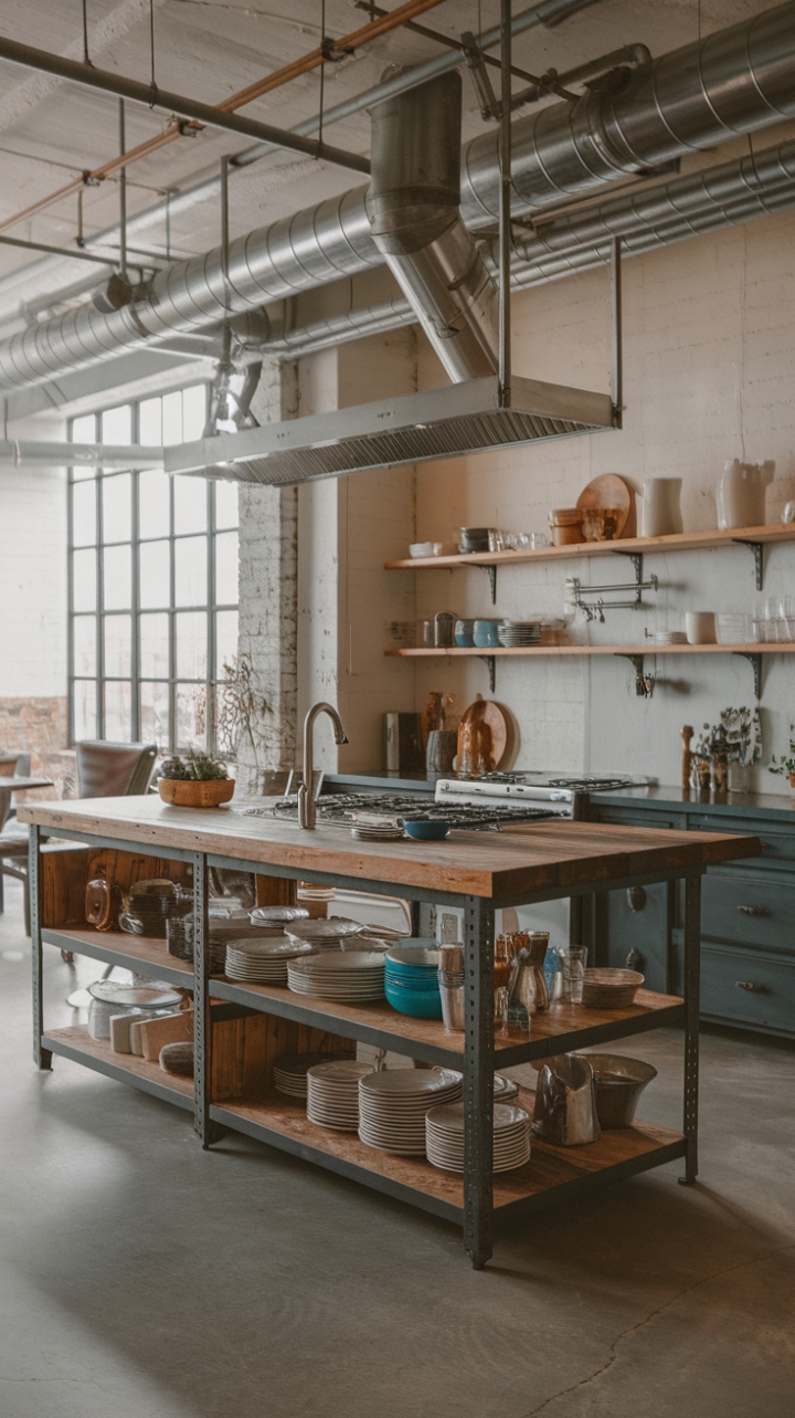 Exposed pipes and a steel-framed island create a bold industrial backdrop for this kitchen's reclaimed wood centerpiece. The juxtaposition of textures and styles—rustic wood against sleek metal—is a masterclass in modern design, proving that industrial chic can be surprisingly inviting.