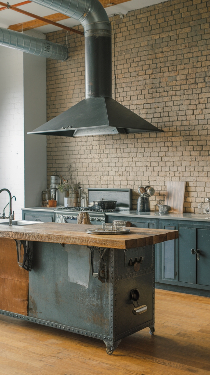 Imagine crafting culinary masterpieces in this breathtaking space! A rustic, steel kitchen island, complete with a reclaimed wood top and visible pipework, anchors a loft-style kitchen. The juxtaposition of industrial grit and modern functionality is simply captivating, all set against a backdrop of exposed brick.