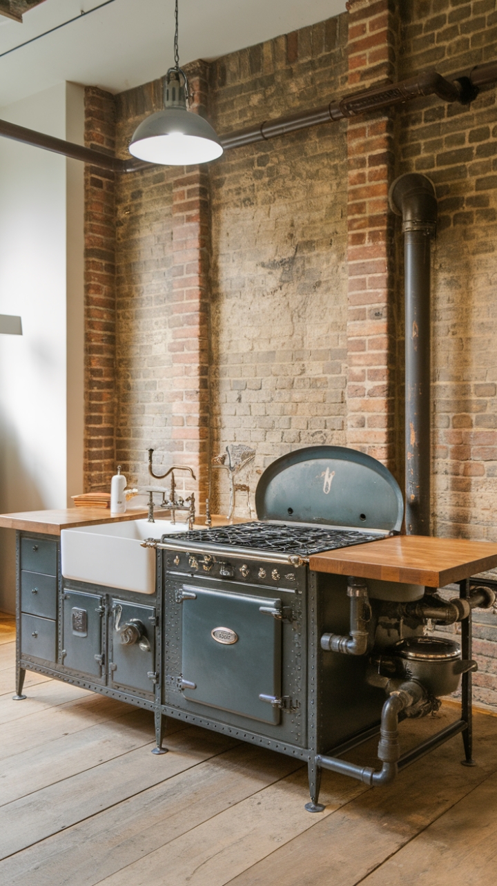 Imagine yourself cooking up a storm on this vintage stove, the aroma of delicious food mingling with the rustic charm of exposed brick and industrial metal. This kitchen island isn't just a workspace; it's a statement piece, a blend of vintage and industrial aesthetics that will leave you breathless. The warm wood and exposed pipes add character and warmth, creating a space that's both functional and utterly captivating.