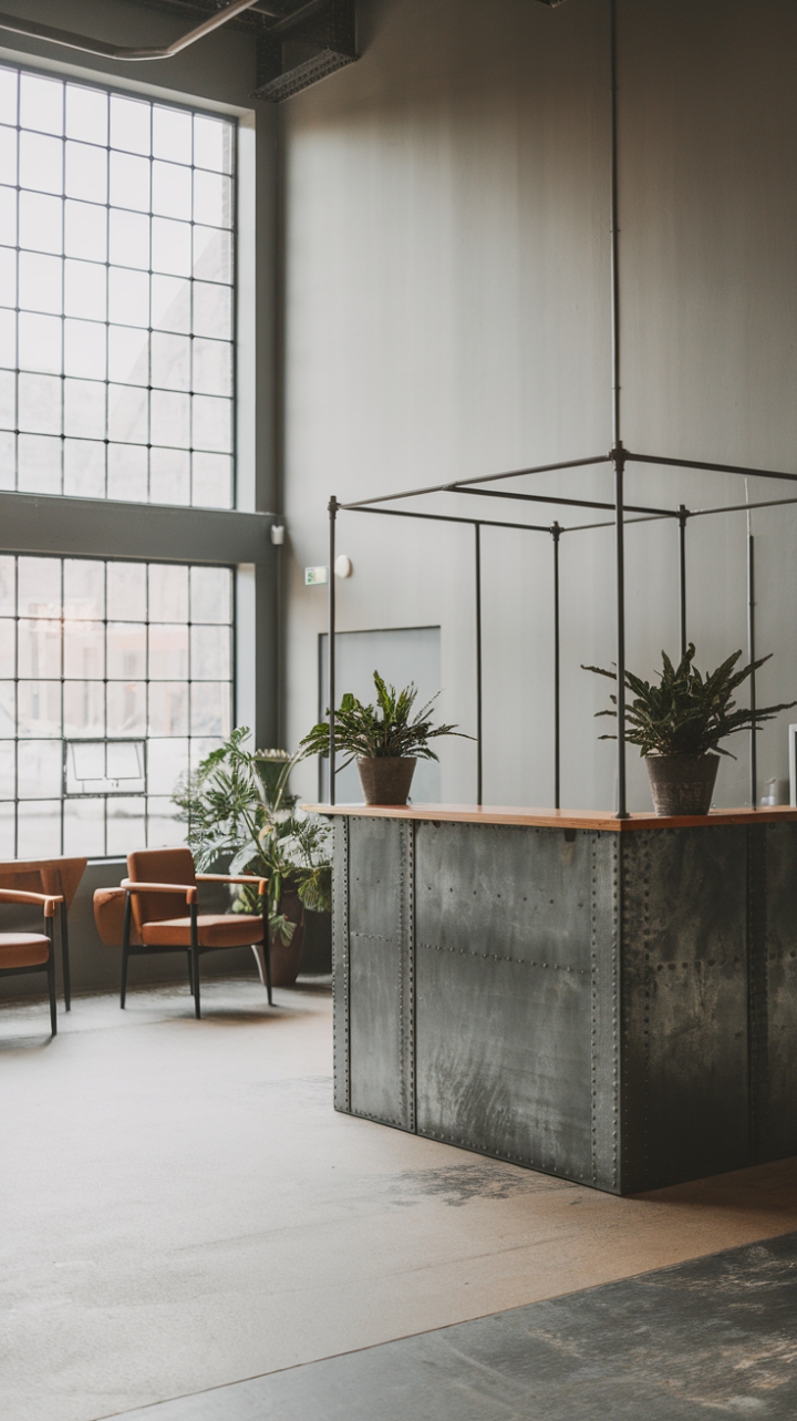 Ready to rethink industrial chic? This modern lobby's raw concrete floors and grey walls are softened by the warmth of a wood-topped metal reception desk and the calming greenery of potted plants, creating a space that's both stylish and inviting. The minimalist seating and abundant natural light complete the picture of sophisticated simplicity.