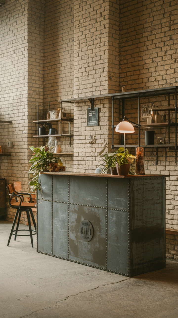Raw urban grit meets refined industrial chic in this reception area. Exposed brick walls, a sleek metal counter adorned with greenery, and a polished concrete floor create a space that's both edgy and inviting. The perfect blend of texture and style for the modern professional.
