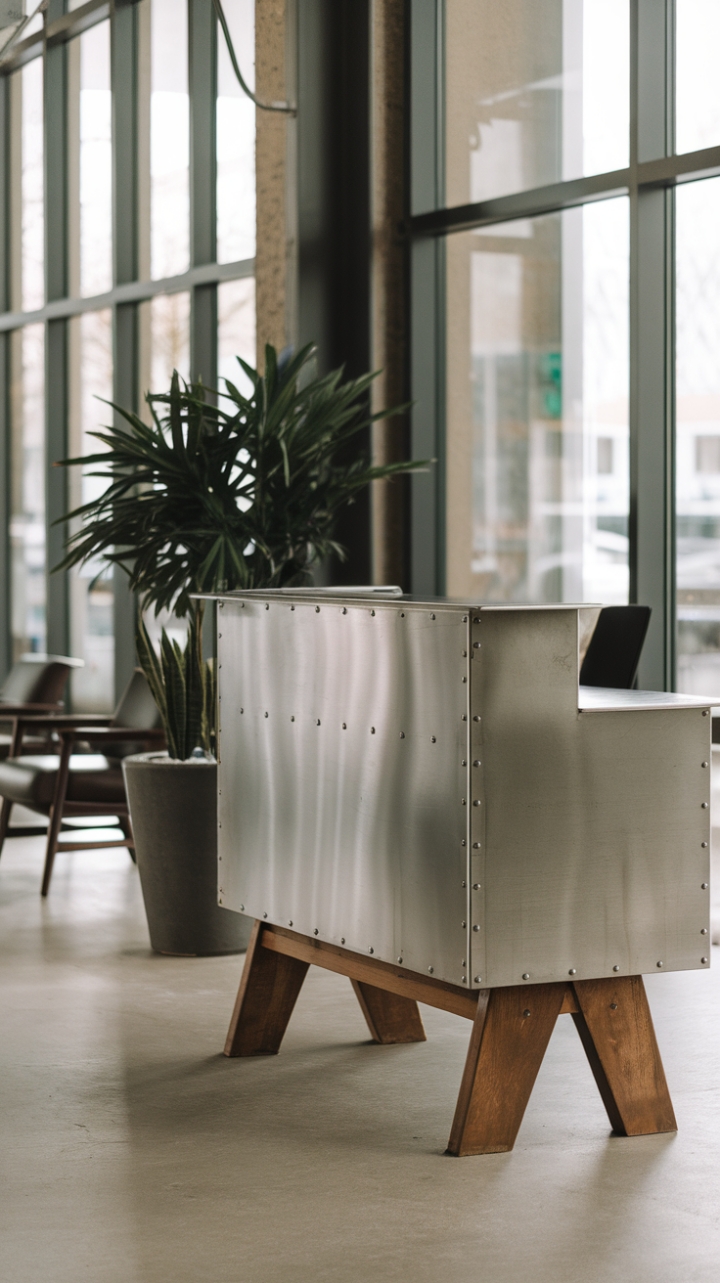 Modernity meets rustic charm in this stunning lobby. The focal point? A striking steel reception desk, its minimalist design beautifully balanced by the natural warmth of its wooden base. A touch of greenery softens the industrial aesthetic, creating a welcoming and stylish atmosphere bathed in natural light from the large window.