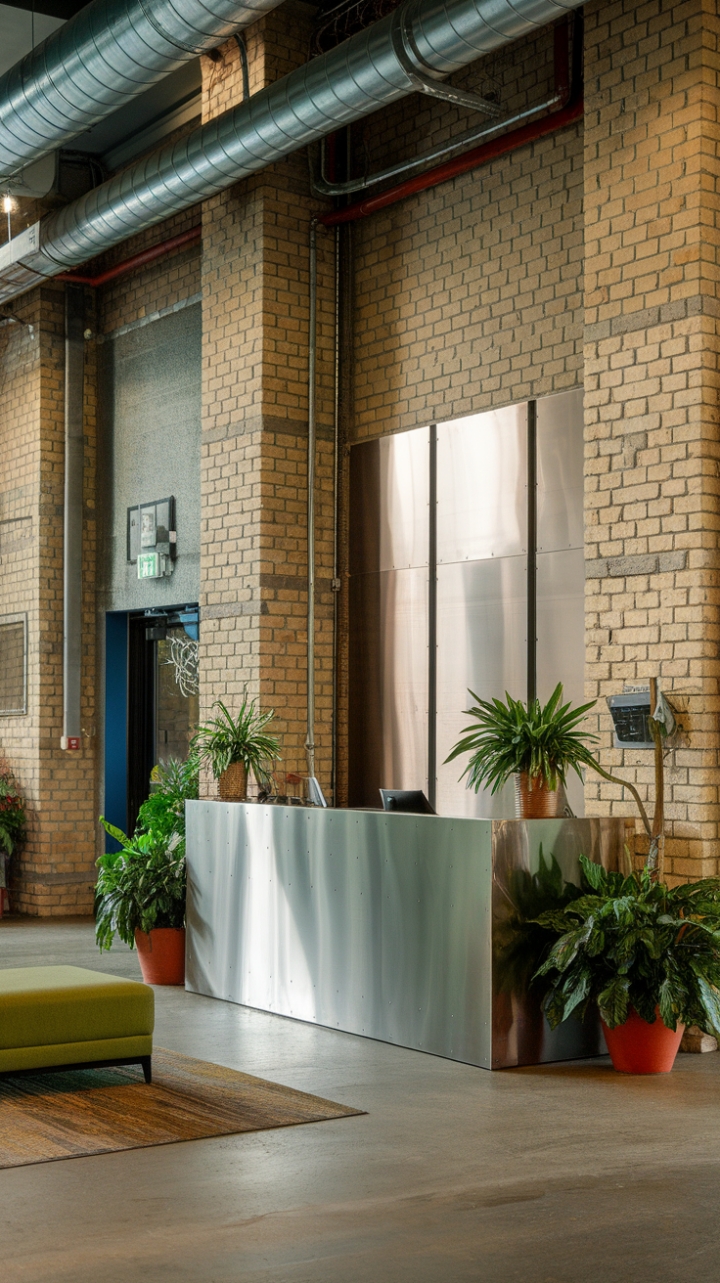 Raw industrial chic meets unexpected comfort. A steel reception desk anchors this factory-inspired lobby, softened by lush greenery and a vibrant green ottoman, proving that even exposed brick and pipes can be utterly inviting.