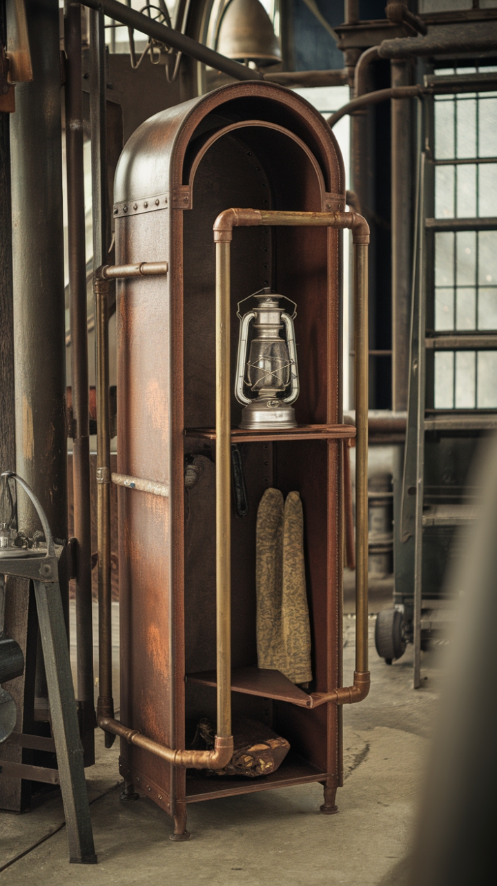 Unleash your inner inventor with this reclaimed pipe closet, a masterpiece of industrial chic. Its rustic charm and ingenious design add a touch of steampunk romance to any space, whispering tales of forgotten workshops and boundless creativity. The perfectly imperfect finish and functional shelving create a captivating focal point, blending rugged functionality with unexpected elegance.