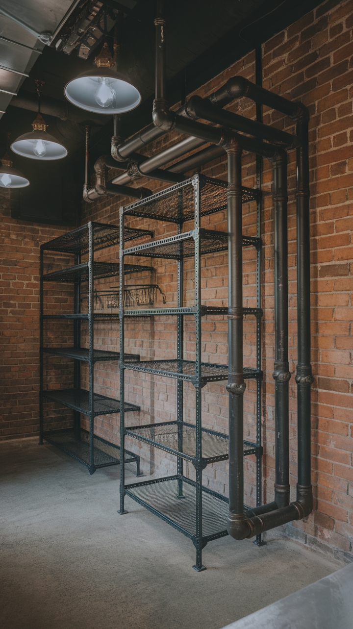 Raw industrial chic meets bathroom bliss. This exposed-brick haven boasts a custom pipe closet, a masterpiece of functional design. Black metal pipes create a dramatic shelving and hanging system, while vintage lighting casts a warm glow on the concrete floor. A space where rugged meets refined.