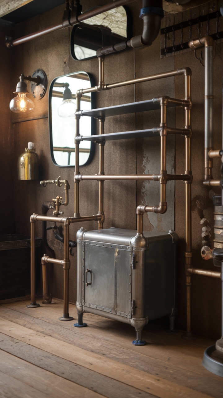 Unleash your inner inventor with this breathtaking steampunk bathroom sanctuary. Vintage pipework transforms into a functional masterpiece, boasting shelving and a cabinet that blend rugged industrial charm with unexpected elegance. The rustic wooden floor and complementary wall decor complete this captivating space, a testament to the beauty of repurposed design.