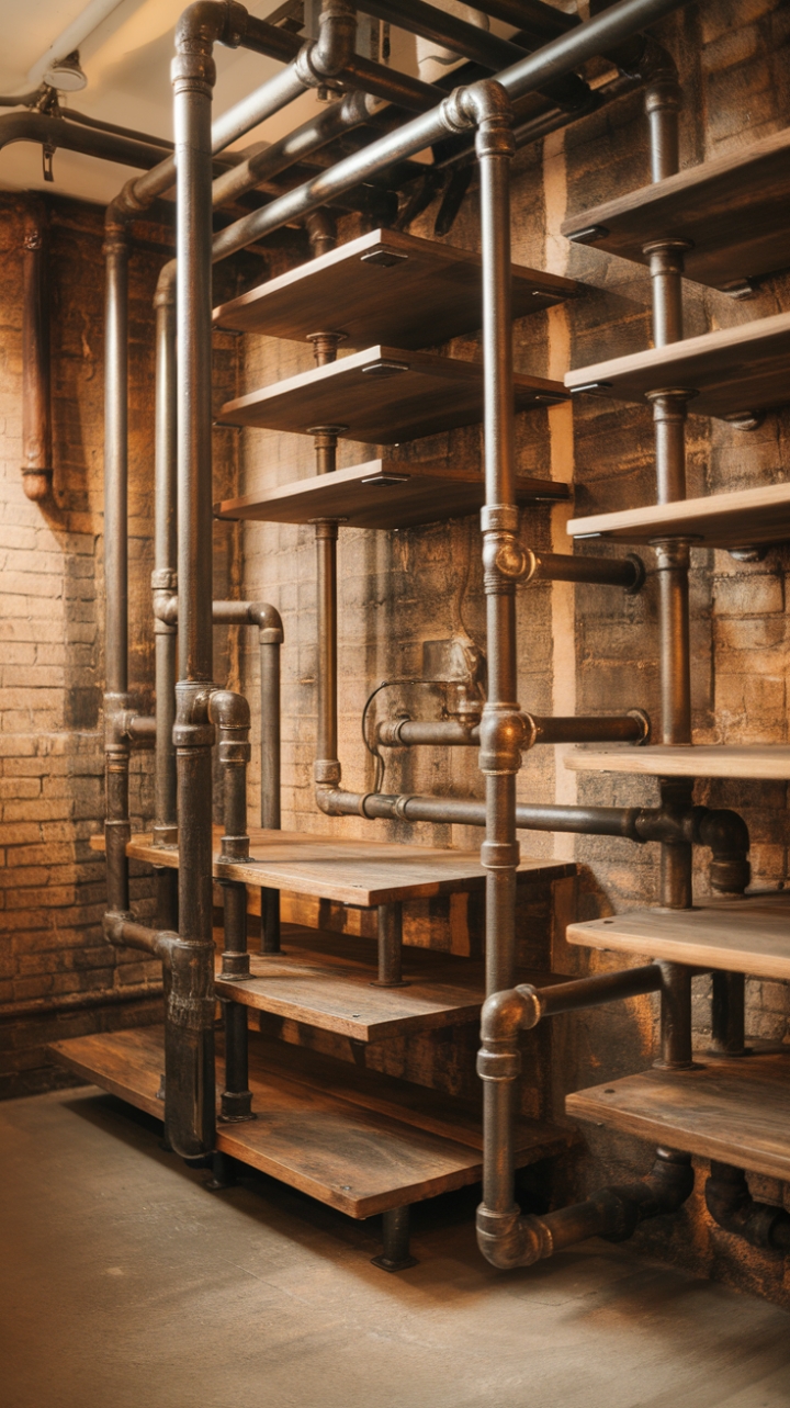 Ready to rethink bathroom storage? This industrial pipe closet, a masterpiece of rustic charm and vintage vibes, boasts distressed wood shelves artfully nestled amongst exposed metal pipes against a backdrop of raw brick. The warm lighting casts a captivating glow, transforming this functional space into a design statement.