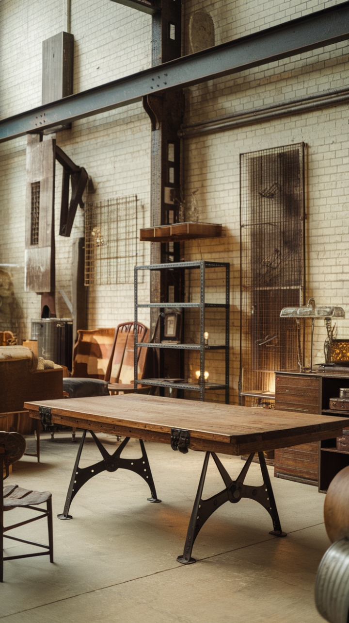 Raw industrial grit meets refined vintage aesthetics in this captivating space. Exposed brick walls and a concrete floor provide a dramatic backdrop for a thoughtfully assembled collection of antique furniture and repurposed materials. The interplay of wood, metal, and aged textures creates a unique and unforgettable atmosphere, perfect for those who appreciate bold design and handcrafted details.