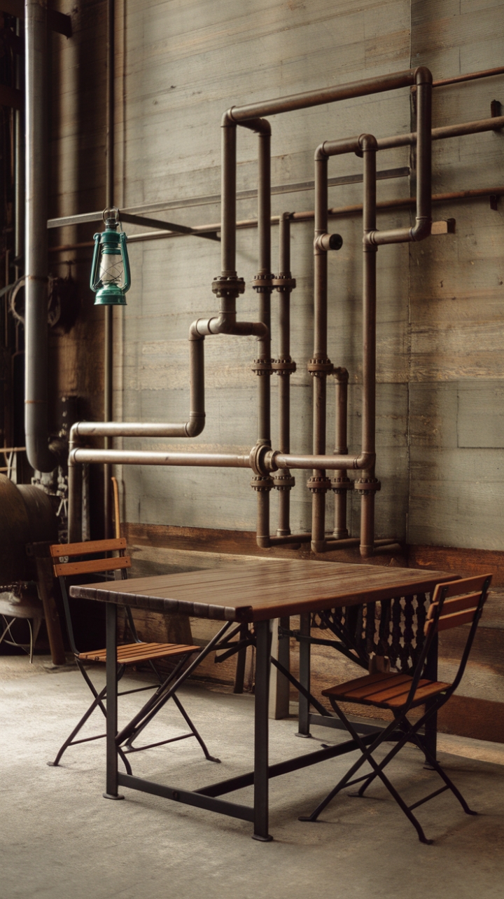 A symphony of steel and wood. This industrial haven showcases the beauty of repurposed materials, where a weathered wooden table and metal chairs find their perfect setting beneath a dramatic pipe installation. The raw concrete floor and background machinery add an authentic touch, proving that industrial chic can be both bold and inviting.