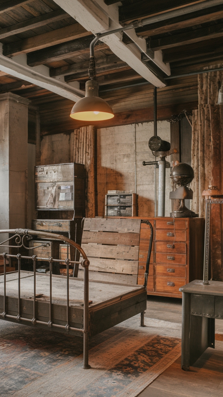 Raw, refined, and undeniably romantic, this vintage industrial bedroom is a masterclass in blending textures and eras. The antique iron bed, a striking centerpiece, is perfectly offset by the aged wood of the cabinet and the warm glow of the vintage lamp. Reclaimed materials, from the ceiling beams to the brick walls, create a space both rugged and refined, a testament to the enduring beauty of time-worn treasures.