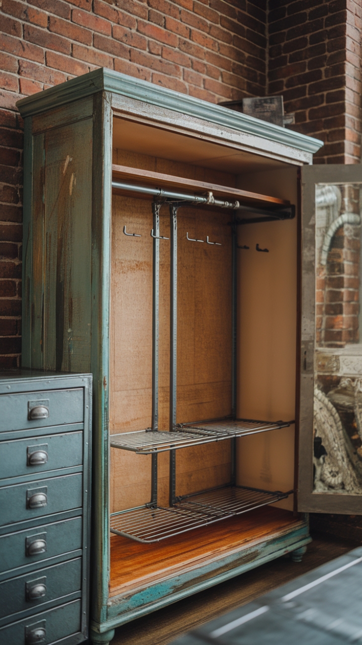 Reclaimed wood whispers tales of time past against the backdrop of exposed brick, as a vintage wardrobe anchors this urban loft. Its industrial-chic interior, complete with a metal storage rack, speaks to both practicality and style. A steel cabinet adds a layer of refined grit, completing this impeccably curated space.