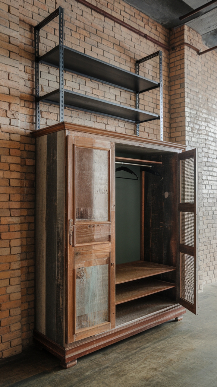 Ready to infuse your space with raw, urban charm? A vintage reclaimed wood wardrobe, brimming with rustic character, finds its perfect partner in a sleek steel factory cabinet overhead. This dynamic duo, set against exposed brick and concrete, defines industrial-chic loft living. The result? A captivating blend of textures and eras that's undeniably cool.