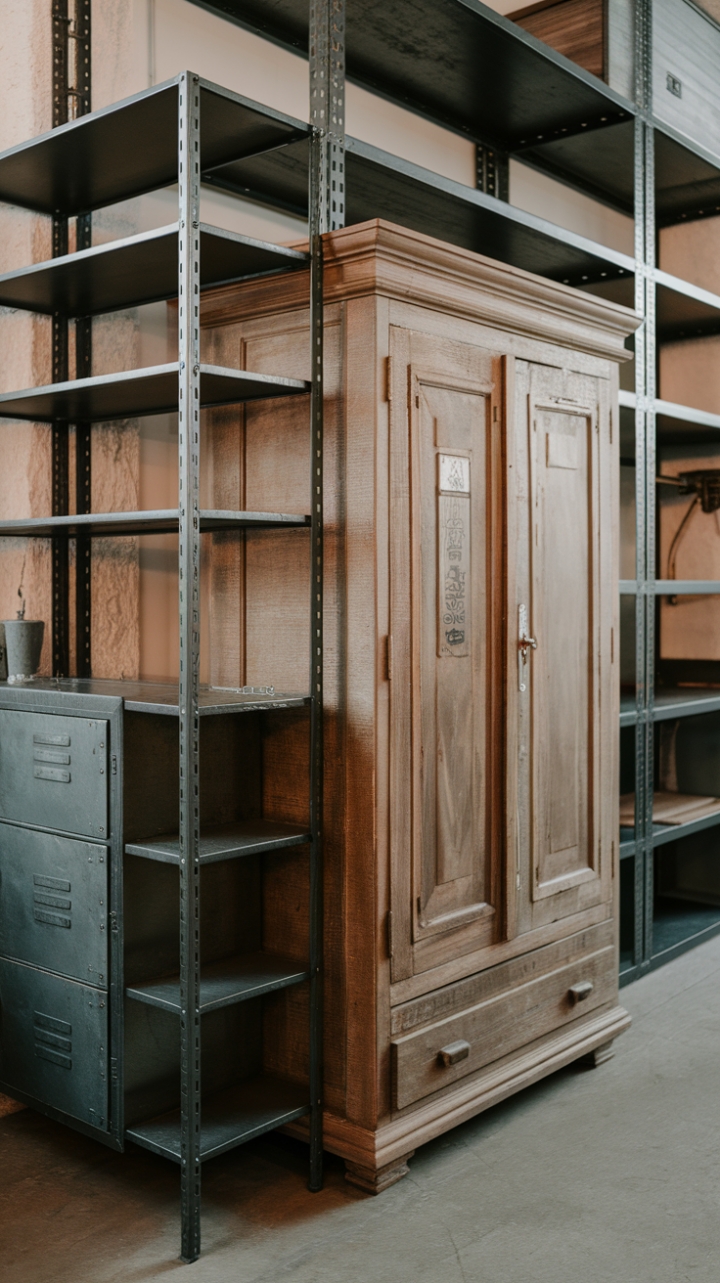 Craving a unique industrial aesthetic? This image reveals a captivating blend of textures and materials. A vintage, reclaimed wood wardrobe anchors the space, its rustic beauty juxtaposed against sleek steel cabinets and a multi-shelved metal storage unit. The loft-style wardrobe, a masterful fusion of steel and wood, completes the look, offering both style and smart urban storage.