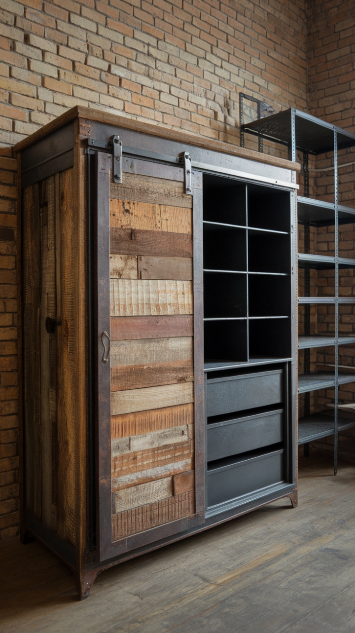 Craving that industrial-chic vibe? This isn't just storage; it's a statement piece. A reclaimed wood exterior and steel cabinet combine to create a vintage wardrobe that's both functional and breathtaking. Imagine this beauty nestled in your exposed-brick loft, a testament to your impeccable taste and clever use of space.