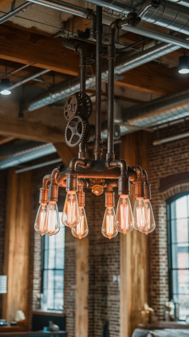 Ready to infuse your space with raw, urban charm? This vintage industrial chandelier, a masterpiece of repurposed metal pipes and gleaming gears, casts a captivating glow against the backdrop of exposed brick and weathered wood beams. The perfect blend of rustic and refined, it's the statement piece your loft has been waiting for.