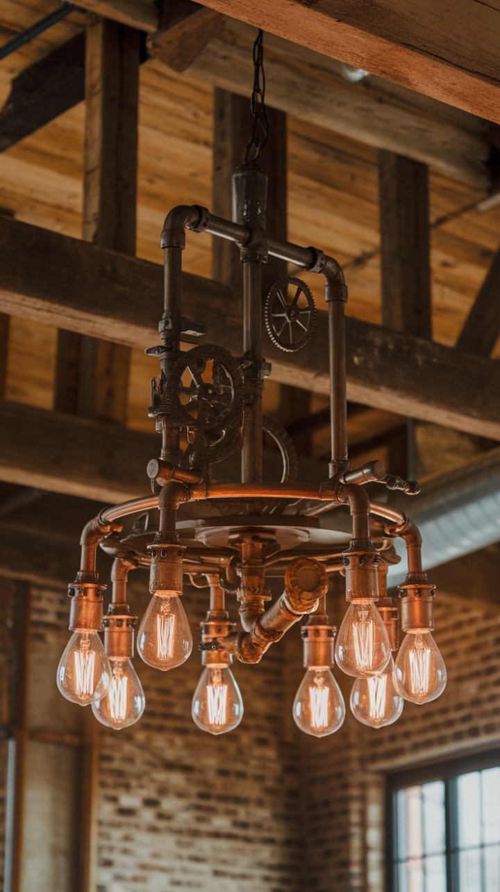 Unleash your inner industrialist with this vintage pipe chandelier, a masterpiece of rustic charm. Its warm glow casts a captivating spell against the backdrop of exposed brick and aged wood beams, transforming any loft into a haven of steampunk-inspired elegance.