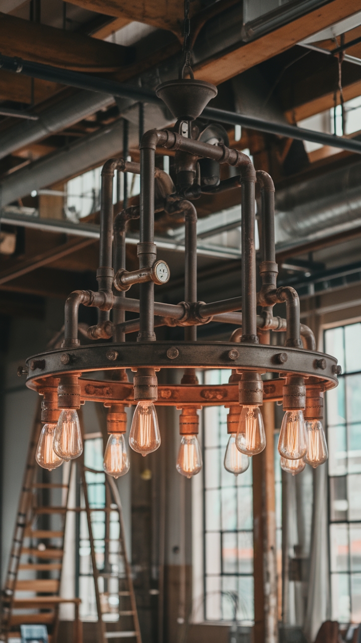 Raw industrial chic meets breathtaking artistry. This vintage pipe chandelier, a symphony of metal and light, anchors a loft space brimming with urban grit and rustic charm. The exposed bulbs cast a warm glow against the backdrop of wooden beams and urban accents, creating an atmosphere both dramatic and inviting.