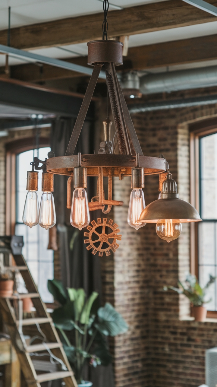 Imagine this striking centerpiece illuminating your loft—the warm glow of the exposed bulbs casting captivating shadows against the textured brick walls. This isn't just a light fixture; it's a statement piece, a conversation starter, a testament to the enduring allure of industrial design. The blend of vintage lighting and steampunk elements creates a unique focal point, perfectly at home amidst the rustic wooden beams and potted greenery.
