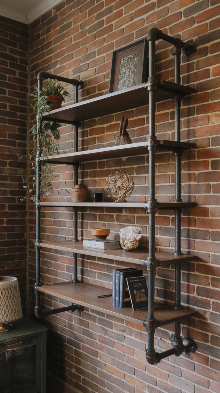 Raw industrial style meets refined living. This multi-tiered pipe shelf, mounted against a backdrop of aged brick, is the perfect blend of rugged texture and functional design. Display your favorite finds—from lush greenery to well-loved books—and watch this statement piece transform your space into a haven of character and cool.