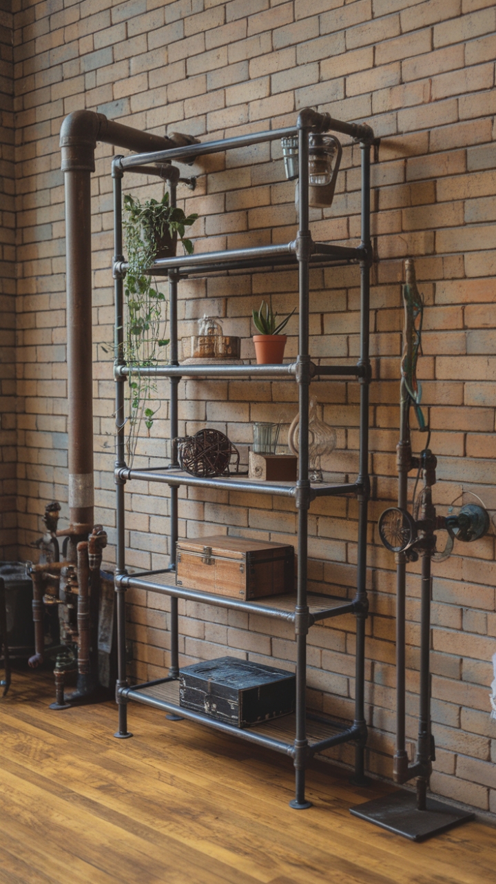 Love the look of exposed pipes and reclaimed wood? This stunning industrial pipe shelf is the perfect blend of rugged and refined. Its multiple tiers offer ample display space for your favorite plants, quirky lamps, and treasured keepsakes, creating a unique focal point in any room. The aged brick backdrop and warm wooden floor complete this effortlessly cool aesthetic.