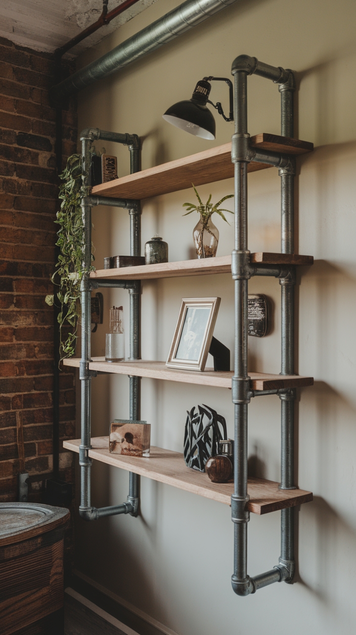 Ready to inject raw, urban cool into your space? This industrial pipe shelf, brimming with personality, proves that functionality and style are best served together. The rustic charm of exposed brick and aged wood perfectly complements the sleek steel pipes, creating a vintage-industrial haven. Notice the curated collection of objects—a testament to the power of thoughtful display.