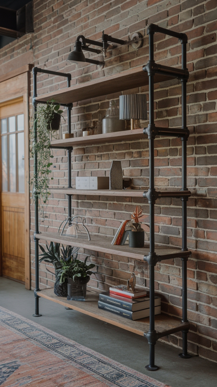 Raw industrial style meets rustic charm in this stunning shelving unit. Black pipe accents contrast beautifully against weathered wood planks, creating a dynamic display for plants, lamps, and treasured trinkets. The brick backdrop and patterned rug add layers of texture and warmth, while a glimpse of a wooden door and window hints at the inviting space beyond.