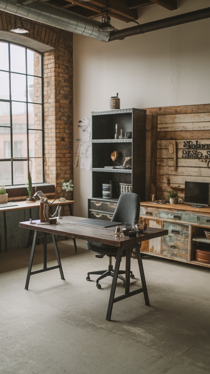 Raw industrial grit meets refined rustic charm in this loft workspace. A vintage metal desk anchors the space, its aged patina a perfect counterpoint to the sleek lines of a minimalist reclaimed wood counterpart. The result? A dynamic blend of textures and styles that's both inspiring and intensely functional. Factory-chic furniture completes the urban aesthetic.