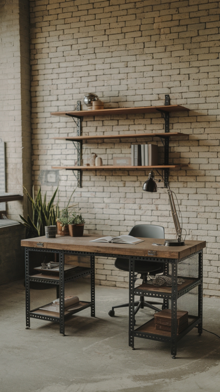 Craving a workspace that's as unique as you are? This urban-inspired loft boasts a stunning vintage desk, exposed brick, and concrete floors—a perfect blend of raw industrial style and refined minimalism. The carefully curated details, from the desk lamp to the potted plant, add personality without cluttering the space.