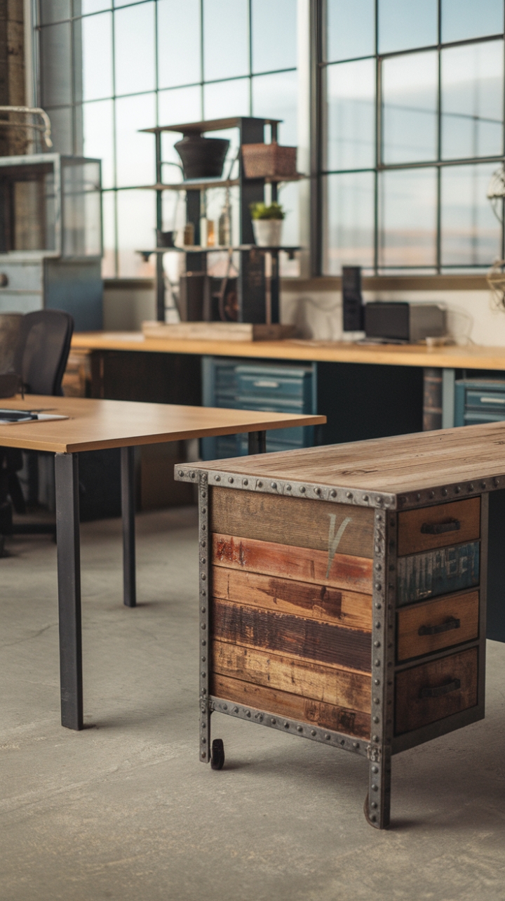 Imagine yourself working amidst this captivating blend of rustic charm and modern minimalism. A vintage industrial desk, built with reclaimed wood and a sturdy metal frame, anchors this loft workspace. The minimalist companion piece and large window create a bright, airy, and highly functional space.
