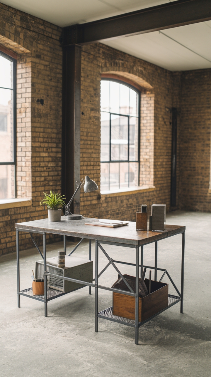 Ready to revamp your workspace? This industrial loft office, bathed in natural light, boasts a vintage metal-framed desk with a reclaimed wood top, perfectly complementing the exposed brick and concrete. The perfect blend of rustic charm and modern functionality.