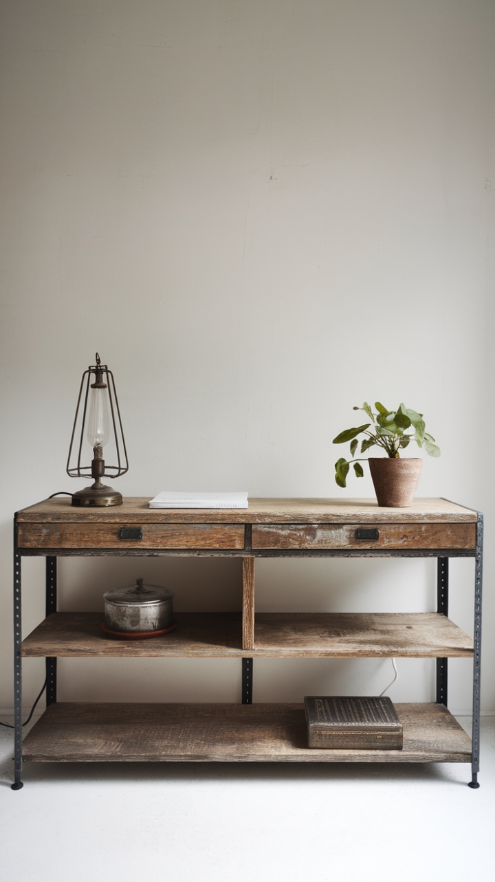 Ready to infuse your space with raw, refined style? This minimalist industrial console, boasting a beautifully distressed wood finish, is the perfect blend of rustic charm and modern functionality. Its open shelving and drawer offer ample storage, while the vintage lamp and potted plant add a touch of lived-in warmth. A statement piece that's as practical as it is chic.