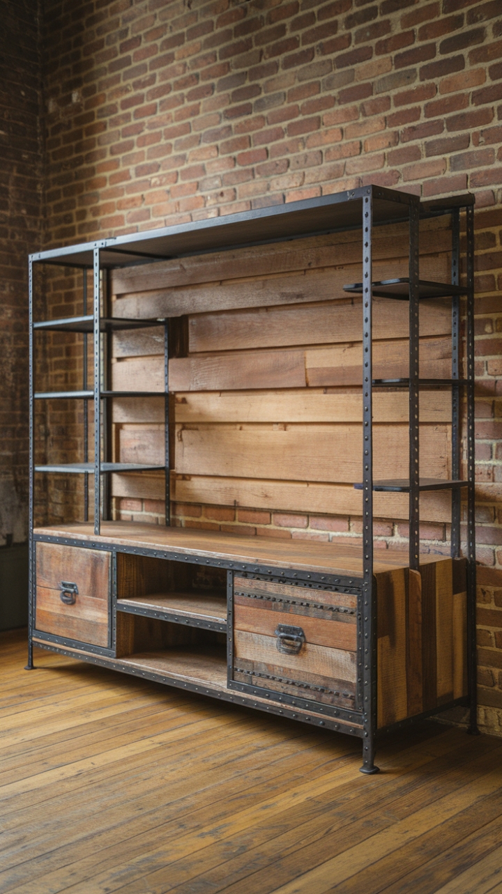 Raw industrial style meets rustic charm in this breathtaking entertainment center. The distressed wood and metal frame create a captivating contrast against the exposed brick backdrop, promising a space that's both stylish and undeniably cool. A statement piece for the modern, design-savvy homeowner.