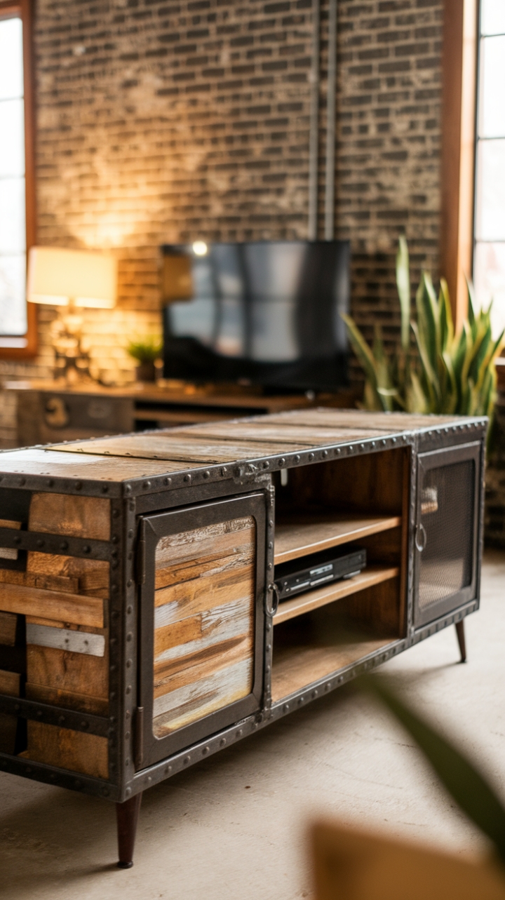 Imagine this vintage media console as the heart of your home. Its rustic wood and industrial metal construction exude a captivating blend of textures and warmth. Set against a backdrop of exposed brick, it becomes a focal point, effortlessly blending vintage appeal with modern functionality. The open shelving provides the perfect opportunity to showcase your favorite treasures, while the ample storage keeps things organized. Pure design magic!