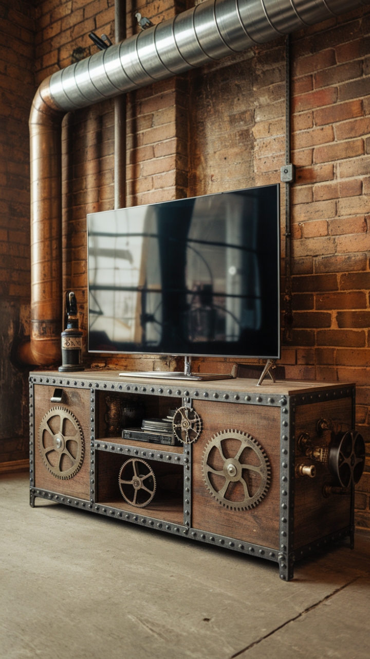 Ready to unleash your inner industrial chic? This vintage steampunk TV stand, a masterpiece of distressed wood and gleaming metal, commands attention with its intricate gears and pipes. The rustic charm perfectly complements the exposed brick and warehouse-style setting, creating a space that's both rugged and refined. A large flat-screen TV sits atop, proving that even cutting-edge technology can find a home in a beautifully reclaimed past.