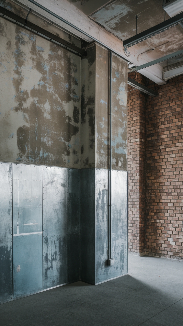 Raw texture meets refined style in this industrial haven. The interplay of distressed concrete, exposed brick, and cool metal paneling creates a captivating contrast, bathed in dramatic, high-key light. A warehouse aesthetic redefined.