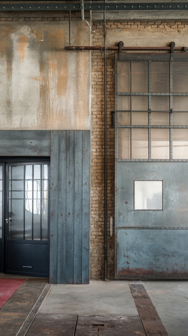 Ready to embrace raw, urban chic? This industrial haven boasts exposed brick and concrete, juxtaposed with sleek metal paneling and a dramatic metal door, all bathed in brilliant light. The contrasting textures of concrete and wood flooring add a touch of rustic warmth.