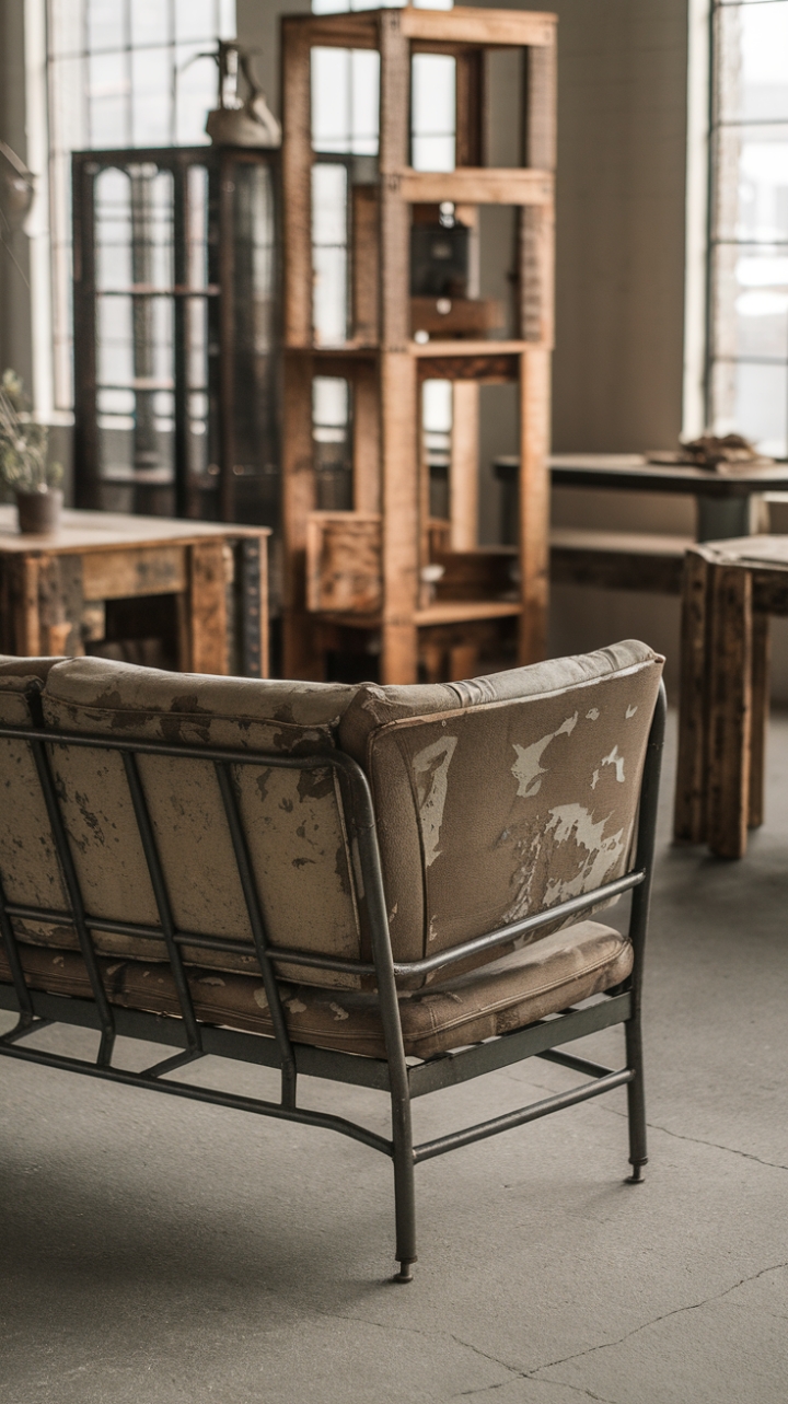 Ready to inject raw, urban cool into your living space? This vintage industrial sofa, a masterpiece of distressed upholstery and sturdy metal, anchors a minimalist loft with reclaimed wood accents and a concrete floor, creating an effortlessly chic industrial haven.
